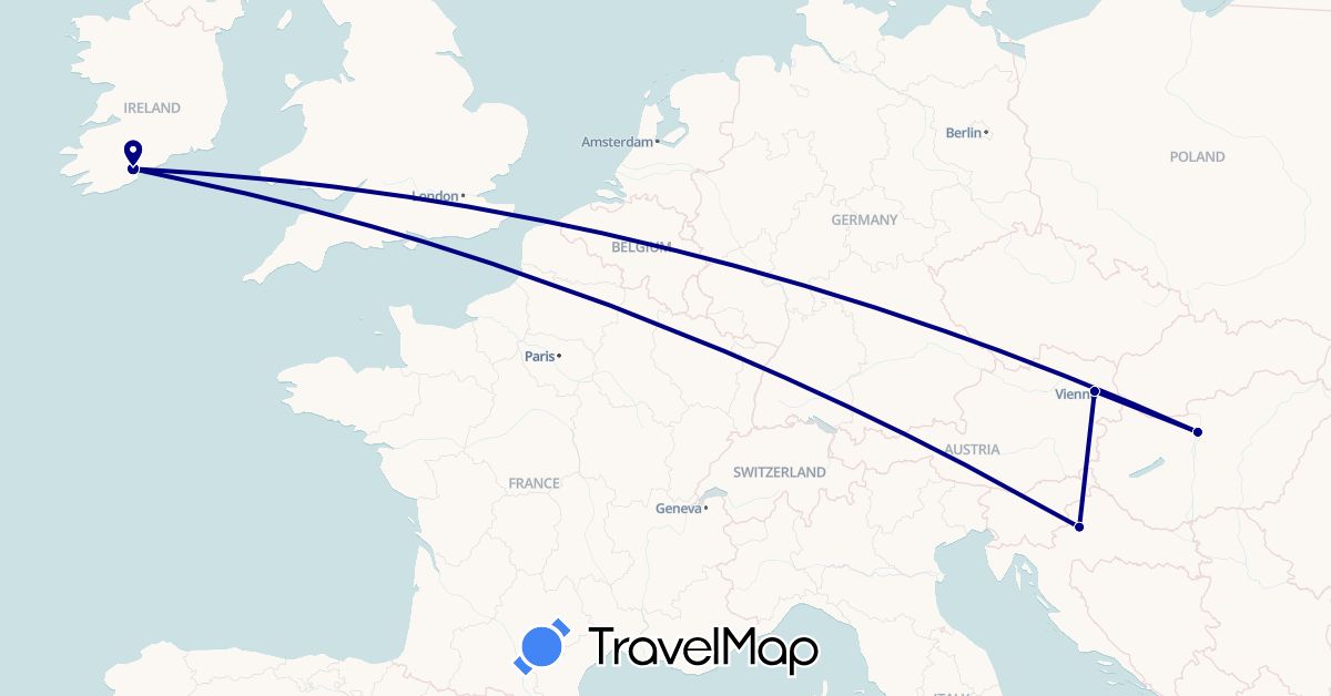 TravelMap itinerary: driving in Austria, Croatia, Hungary, Ireland (Europe)